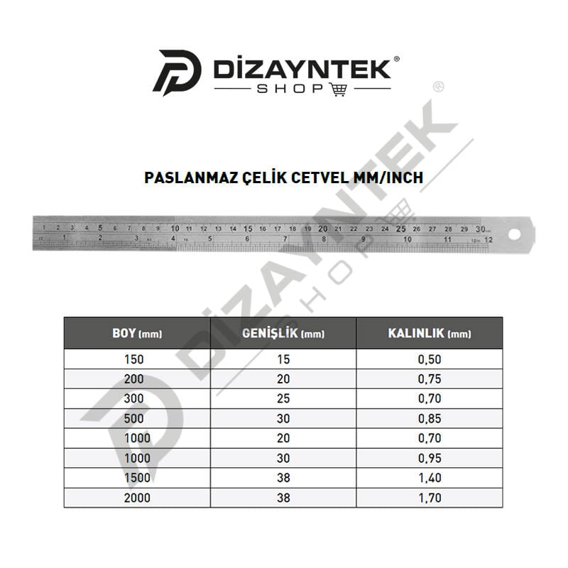Paslanmaz Çelik Cetvel mm/inch - PRC
