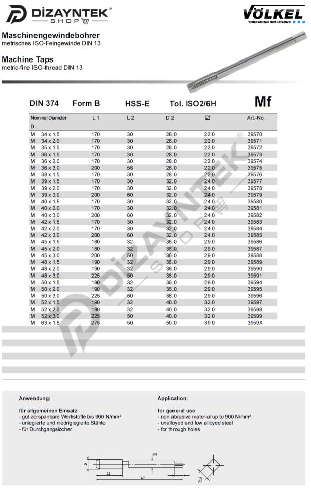 İnce Diş Düz Makine Kılavuzu Form B - Völkel