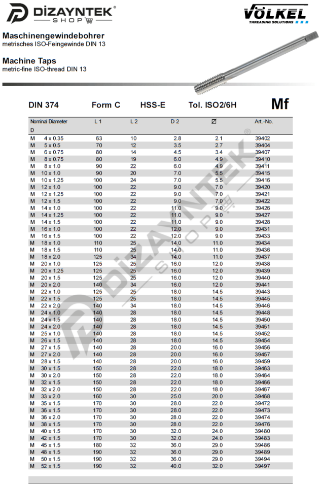 İnce Diş Düz Makine Kılavuzu Form C - Völkel