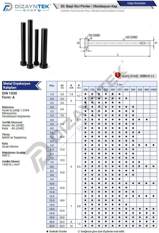 Silindir Başlı İtici Pim Metal Enjeksiyon - Uzun Boylar