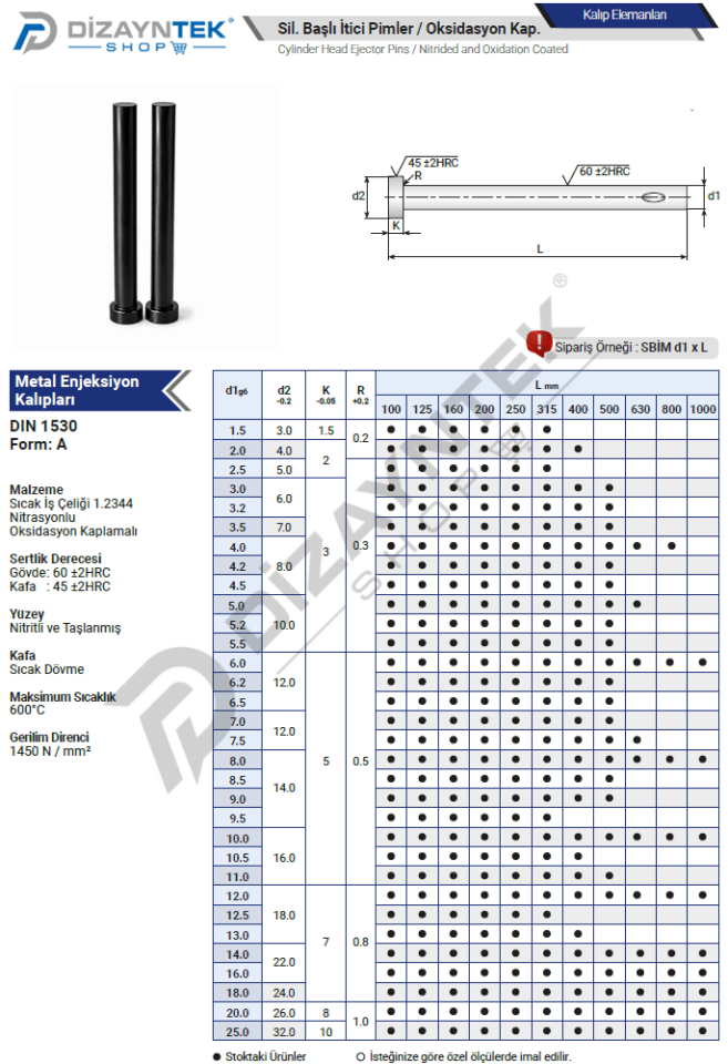 Ondalıklı Silindir Başlı İtici Pim Metal Enjeksiyon