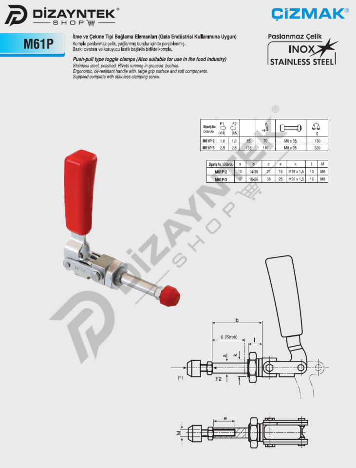 Paslanmaz İtme Çekme Tipi Bağlama Elemanı M61P - Çizmak