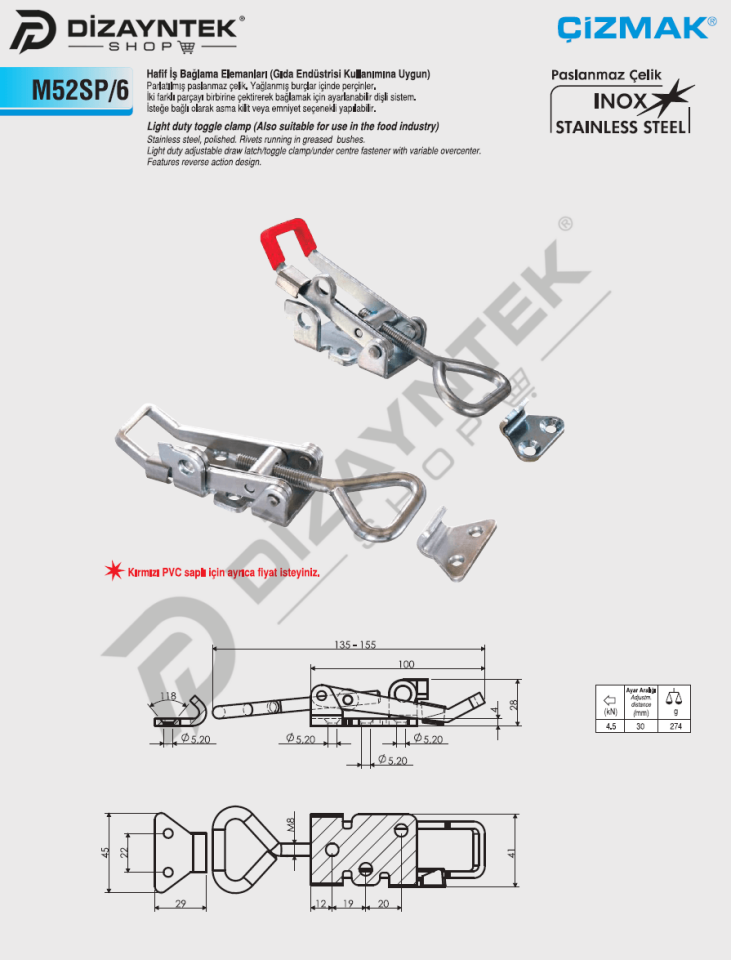 Paslanmaz Hafif İş Bağlama Elemanı M52SP/6 - Çizmak