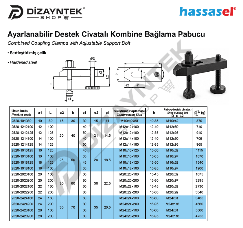 2520 Ayarlanabilir Destek Civatalı Kombine Bağlama Pabucu - Hassasel