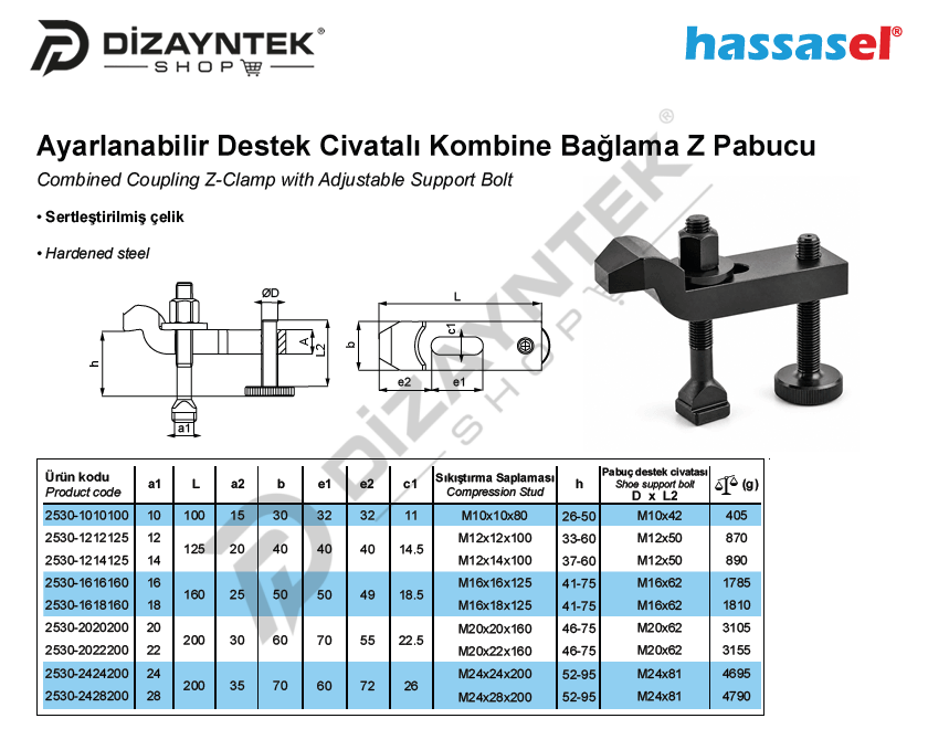 2530 Ayarlanabilir Destek Civatalı Kombine Bağlama Z Pabucu - Hassasel