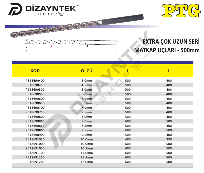 Extra Uzun Seri Matkap Ucu 500mm - PTG